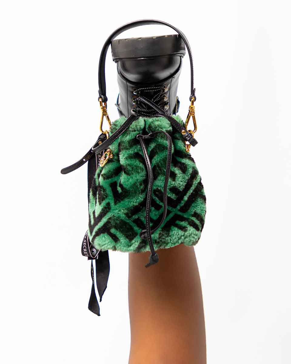 Mon tresor shearling bucket bag in green FENDI